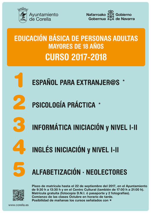 Matrícula para el Curso 2017-2018 de Educación básica de personas adultas mayores de 18 años en Corella 