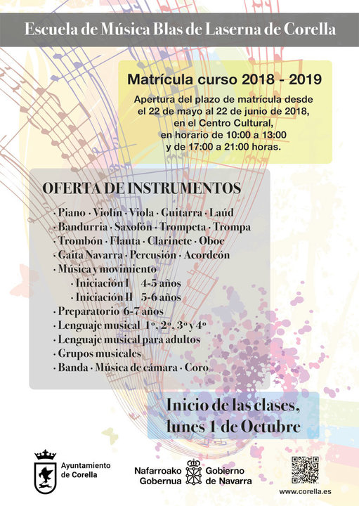 Matrícula curso 2018-19 de la Escuela de música Blas de Laserna de Corella