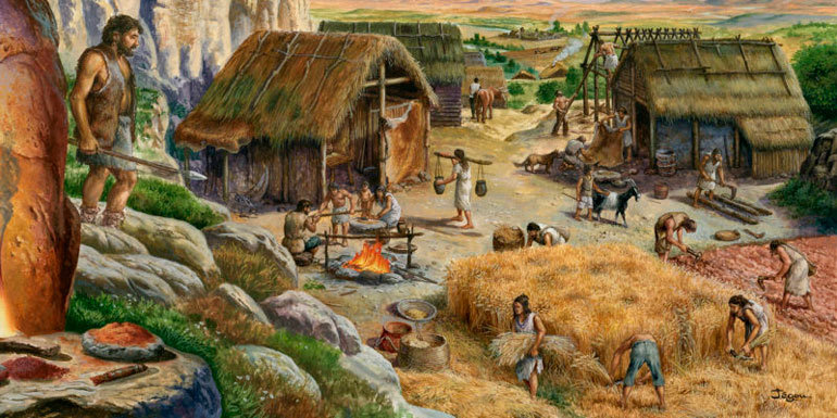 Ilustración de una sociedad en el Neolítico