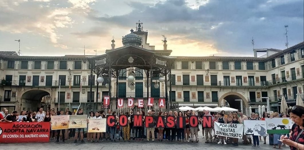 Una manifestación del Colectivo Tudela Antitaurina en la plaza de los Fueros