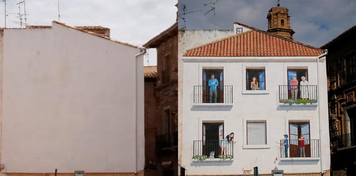 El antes y el después del mural pintado por Rafa González Ruiz en una fachada de la plaza de España de Corella