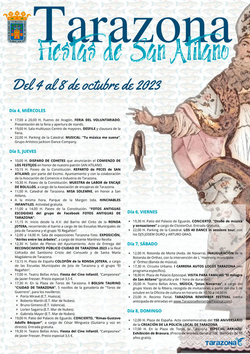 Programa de las Fiestas patronales en honor de San Atilano 2023 en Tarazona