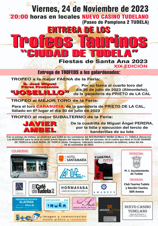 XIX Entrega de trofeos taurinos ‘Ciudad de Tudela’ de las Fiestas de Santa Ana 2023