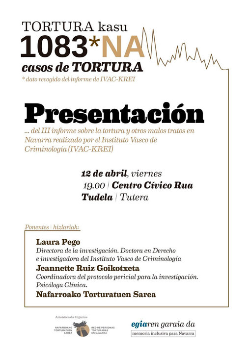 Presentación en Tudela del III Informe sobre la tortura y otros malos tratos en Navarra realizado por el IVAC KREI