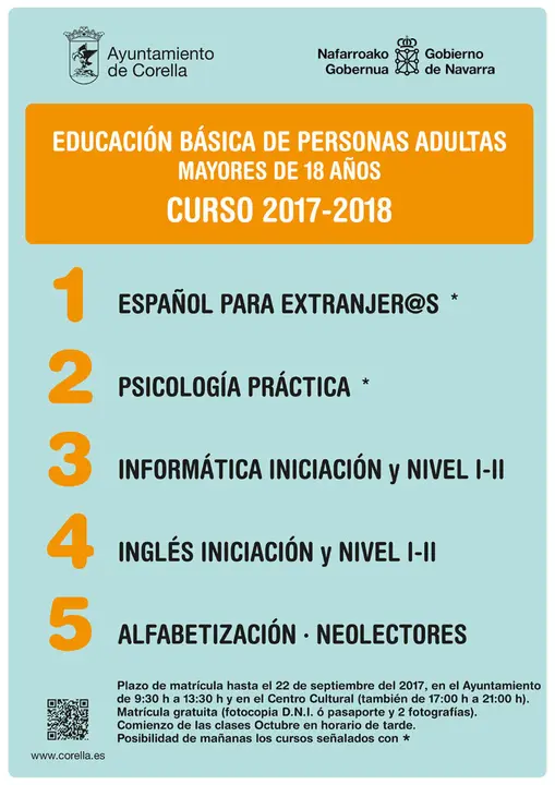 Matr&iacute;cula para el Curso 2017-2018 de Educaci&oacute;n b&aacute;sica de personas adultas mayores de 18 a&ntilde;os en Corella 