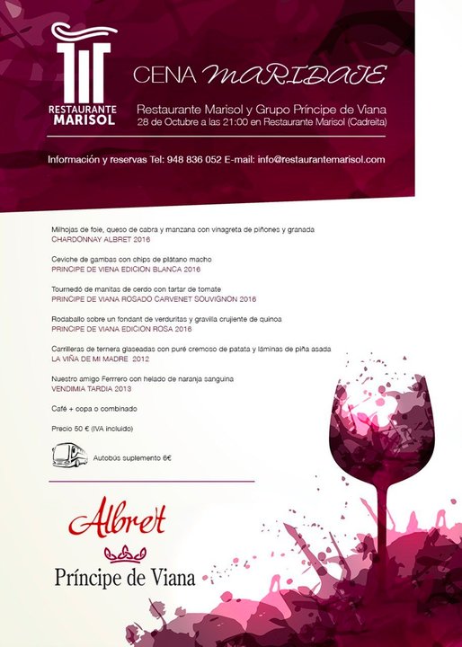 Evento de Maridaje en el Restaurante Marisol de Cadreita con la colaboración de Bodegas Príncipe de Viana y Finca Albret