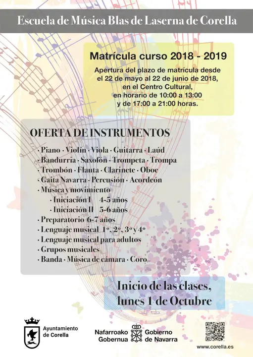 Matr&iacute;cula curso 2018-19 de la Escuela de m&uacute;sica Blas de Laserna de Corella