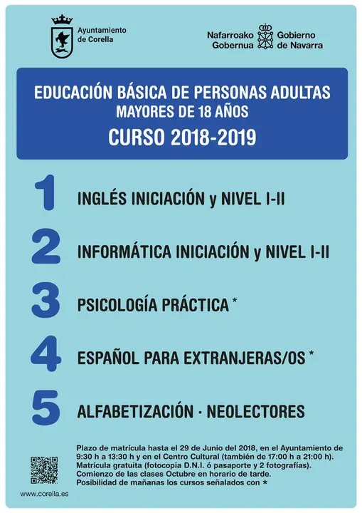 Inscripciones curso de educaci&oacute;n b&aacute;sica personas adultas 2018-19 en Corella