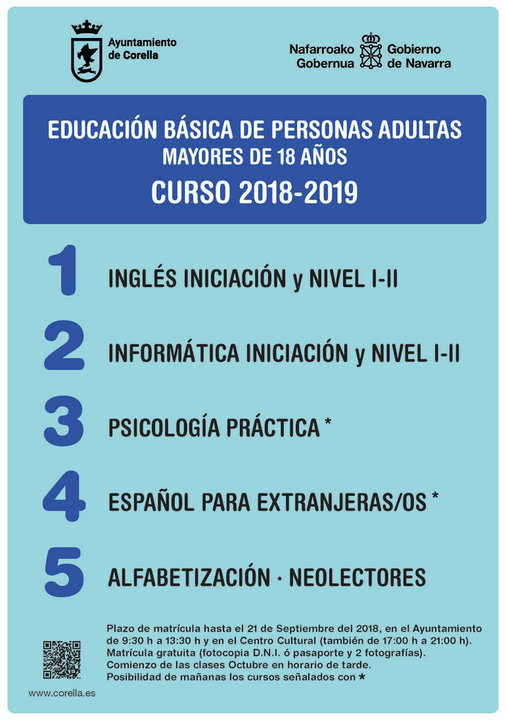 Curso 2018-2019 en Corella de Educación Básica de Personas Adultas (EBA)