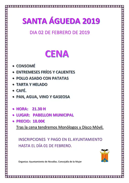 Cena de Santa &Aacute;gueda 2019 en Novallas
