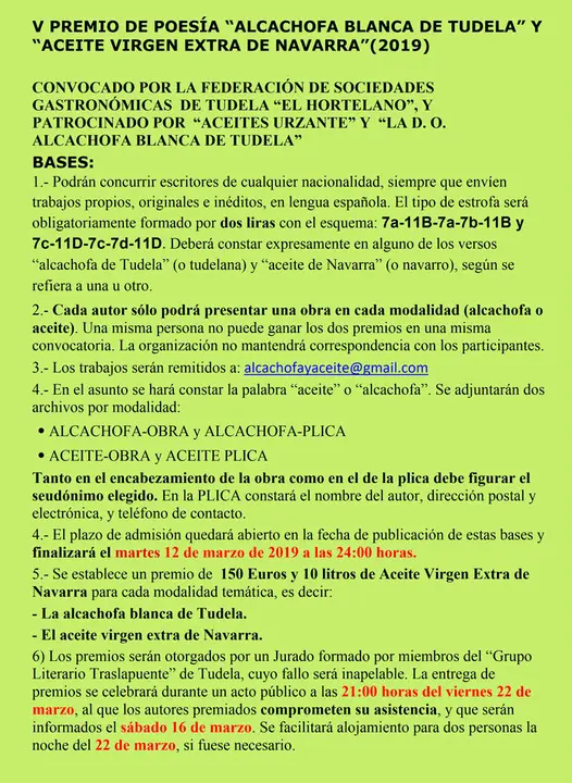 V Premio de poes&iacute;a en Tudela &lsquo;Alcachofa blanca de Tudela&rsquo; y &lsquo;Aceite virgen extra de Navarra&rsquo;