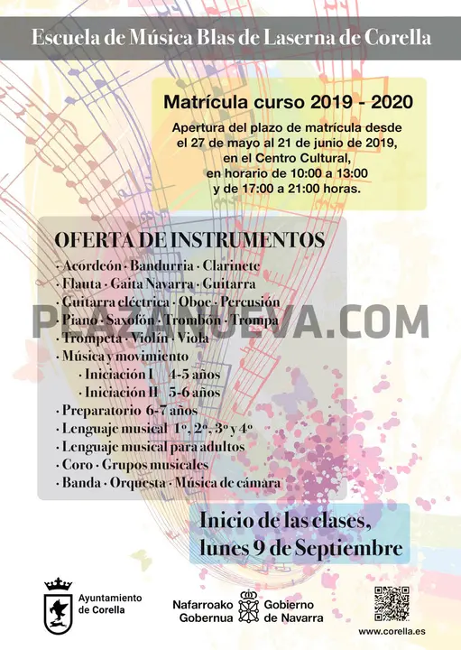 Matr&iacute;cula curso 2019 20 de la Escuela de m&uacute;sica Blas de Laserna de Corella