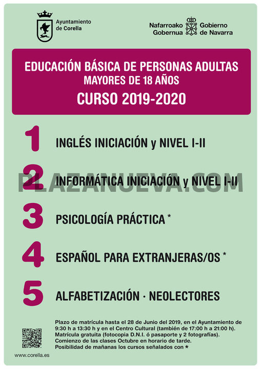 Curso 2019-2020 en Corella de Educación Básica de Personas Adultas (EBA)