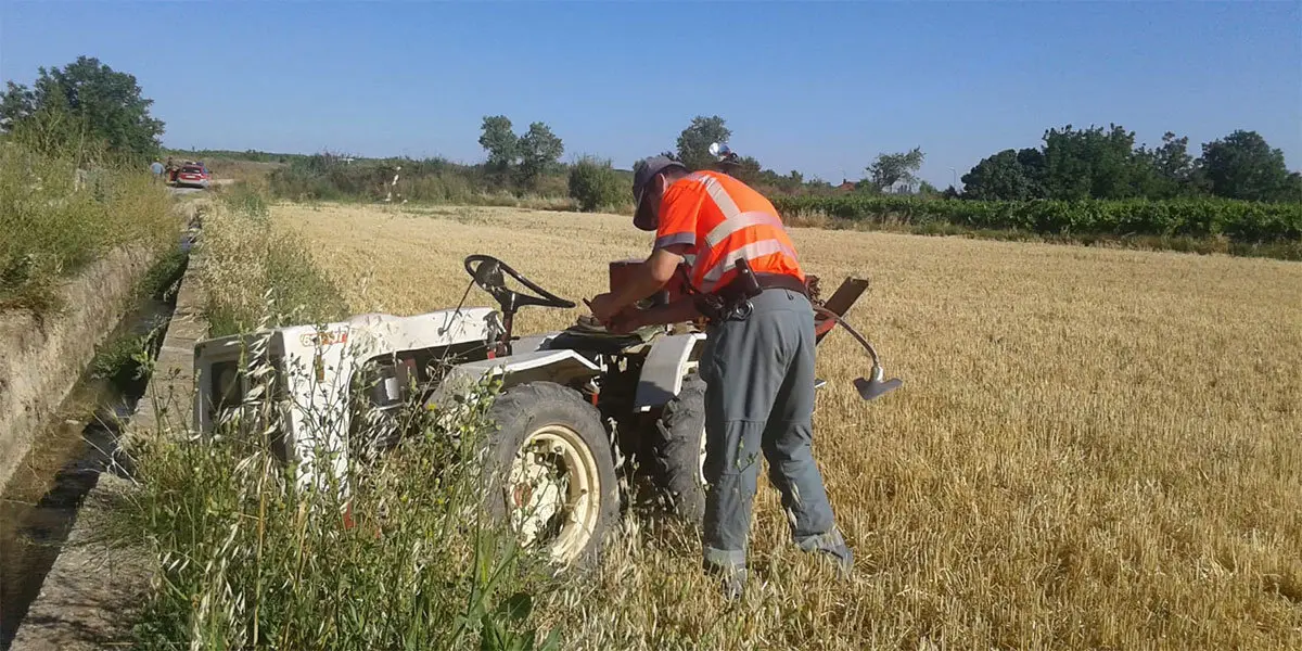 Un polic&iacute;a foral observa el tractor con el que se ha accidentado el vecino de Cascante