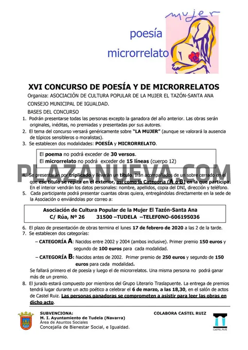 XVI Concurso de poes&iacute;a y de microrrelatos 2020 en Tudela