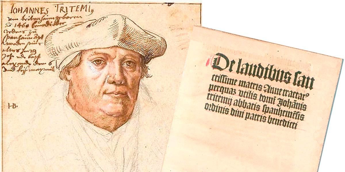 Retrato de Johannes Trithemius y portada de su obra en honor de Santa Ana (1494)