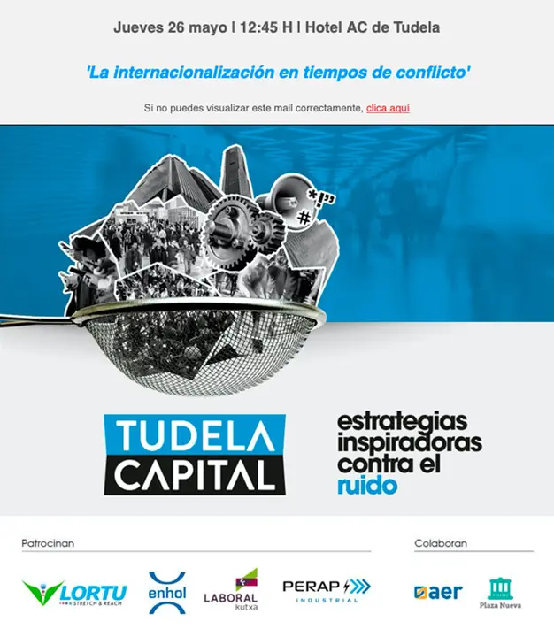 Cartel charla &rsquo;La internacionalizaci&oacute;n en tiempos de conflicto&rsquo; 26 de mayo en Tudela