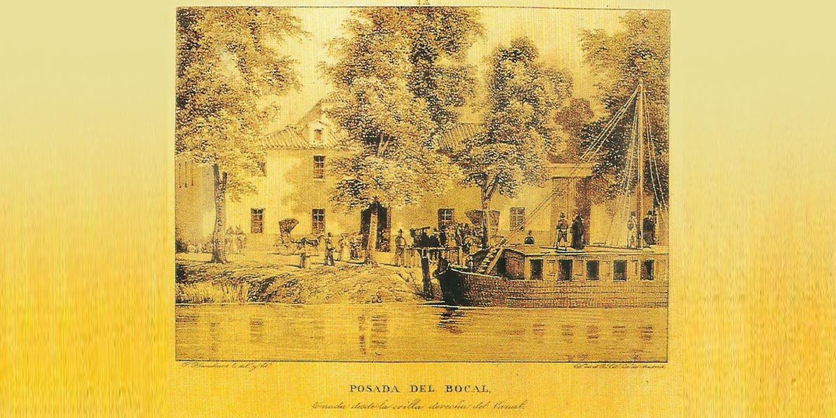 Grabado del siglo XIX con embarcadero y la Posada del Bocal