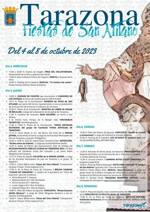 Programa de las Fiestas patronales en honor de San Atilano 2023 en Tarazona