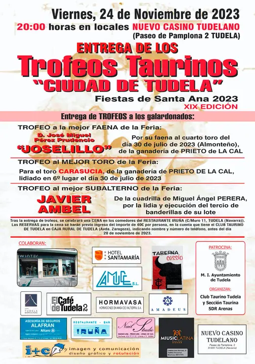 XIX Entrega de trofeos taurinos &lsquo;Ciudad de Tudela&rsquo; de las Fiestas de Santa Ana 2023