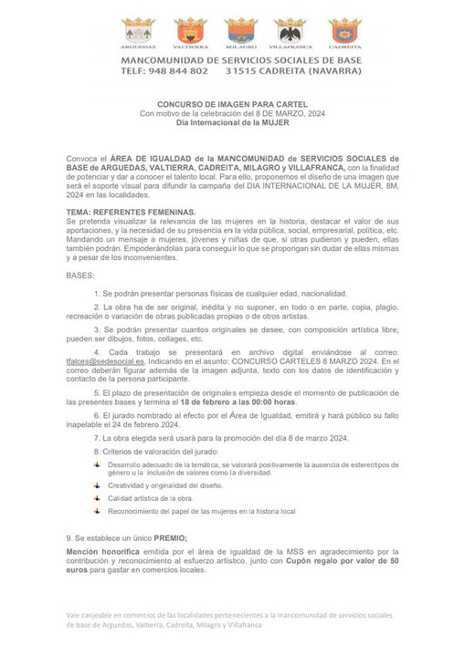 Concurso del cartel ‘8 de marzo’ 2024 en Arguedas, Valtierra, Cadreita, Milagro y Villafranca