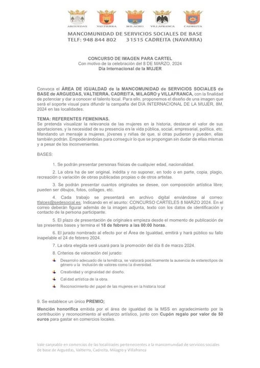 Concurso del cartel &lsquo;8 de marzo&rsquo; 2024 en Arguedas, Valtierra, Cadreita, Milagro y Villafranca
