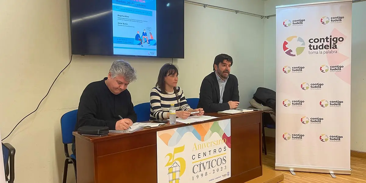 Javier Bur&oacute;n, director general de Nasuvinsa, Bego&ntilde;a Alfaro, vicepresidenta tercera del Gobierno de Navarra, y Eneko Larrarte, portavoz de Contigo Tudela