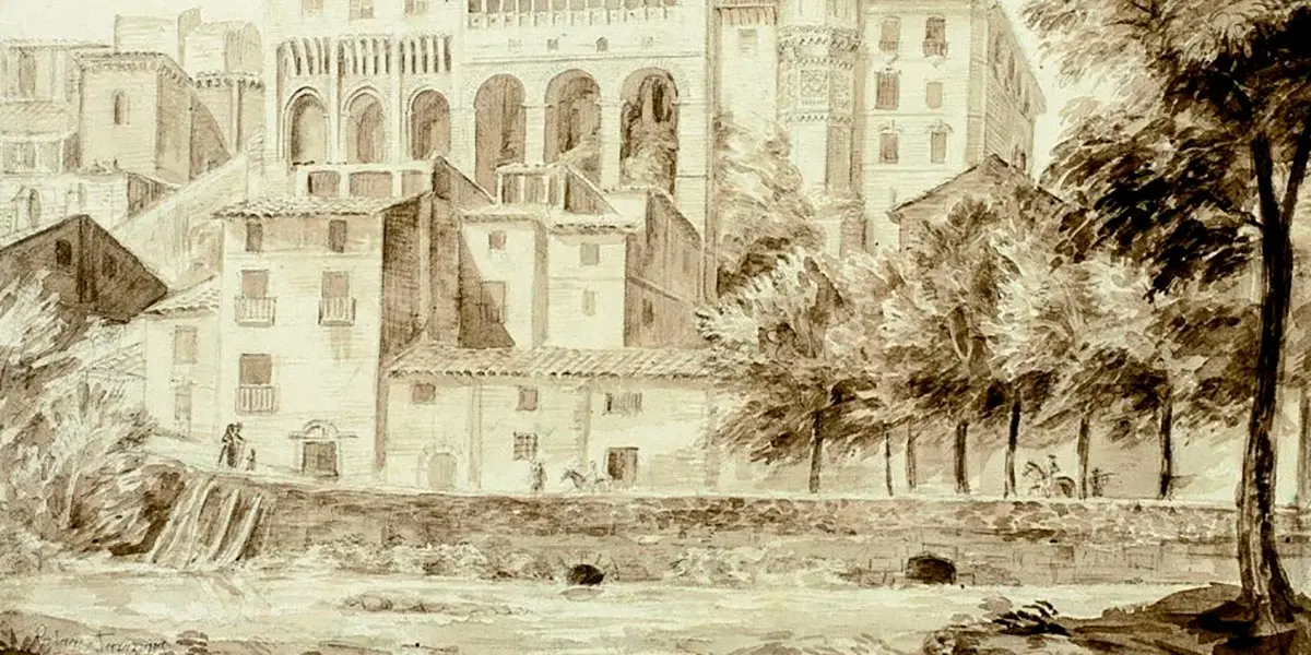 Dibujo de una vista del r&iacute;o Queiles del 18 de julio de 1864