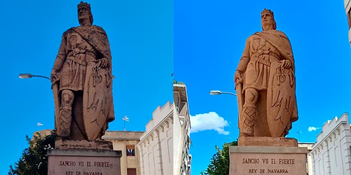 El antes y el después de la restauración de la escultura de Sancho VII El Fuerte