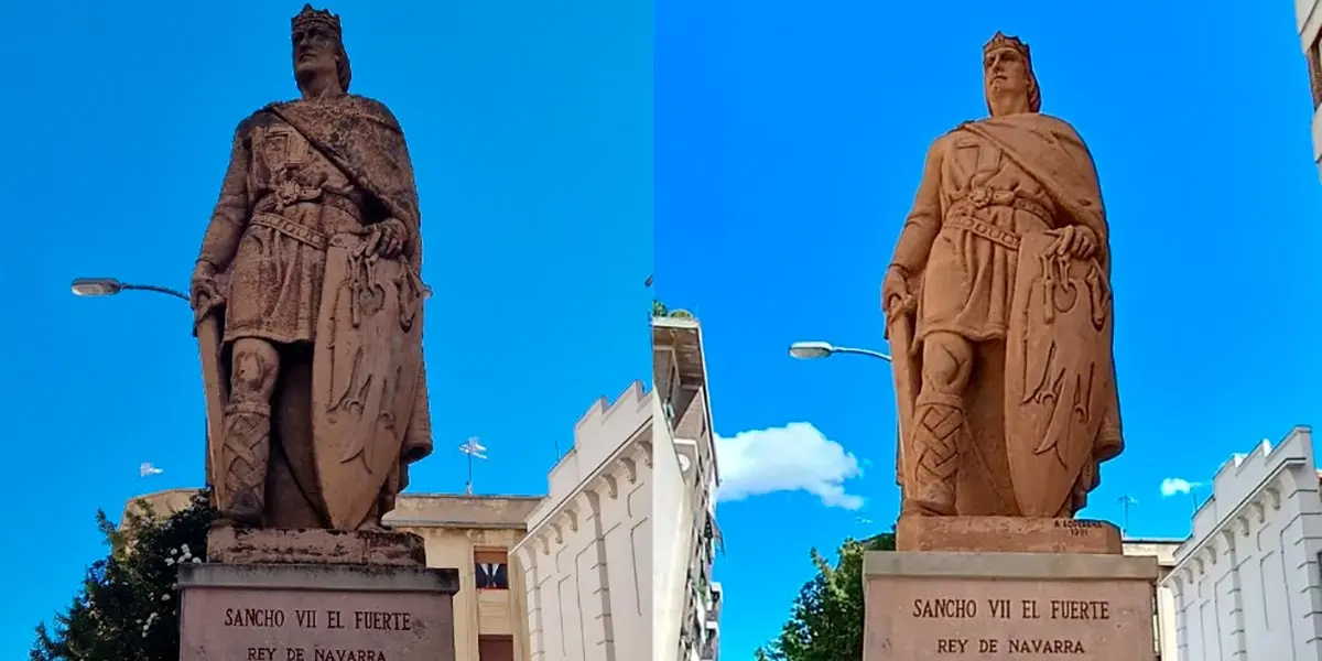 El antes y el despu&eacute;s de la restauraci&oacute;n de la escultura de Sancho VII El Fuerte