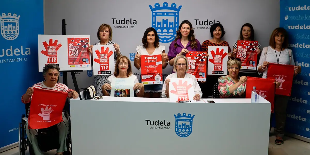 Presentaci&oacute;n de la campa&ntilde;a de prevenci&oacute;n de agresiones sexistas para las fiestas de Santa Ana, bajo el lema &lsquo;Tudela es fiesta. Disfruta, Comparte y Respeta&rsquo;