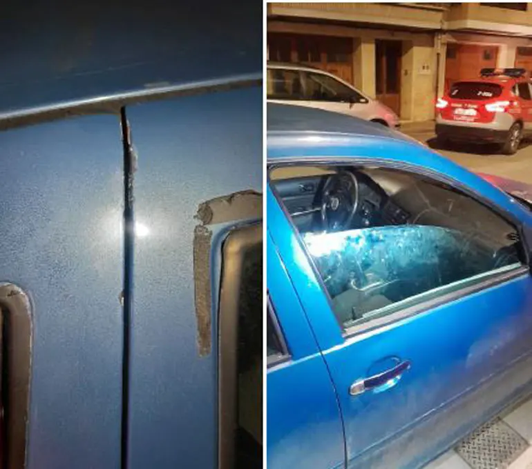 Marcas de la puerta y ventanilla forzadas del veh&iacute;culo robado en Falces