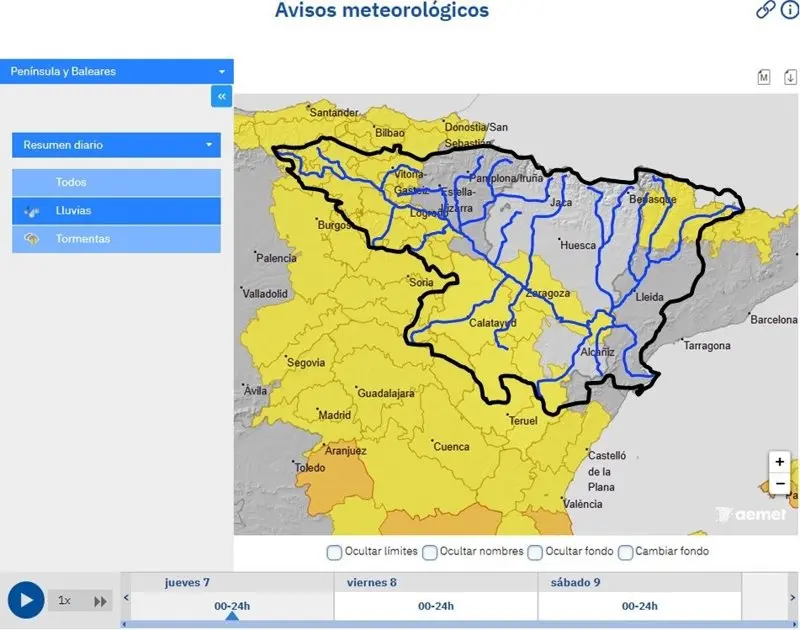 Avisos meteorol&oacute;gicos que afectan a la Cuenca del Ebro.