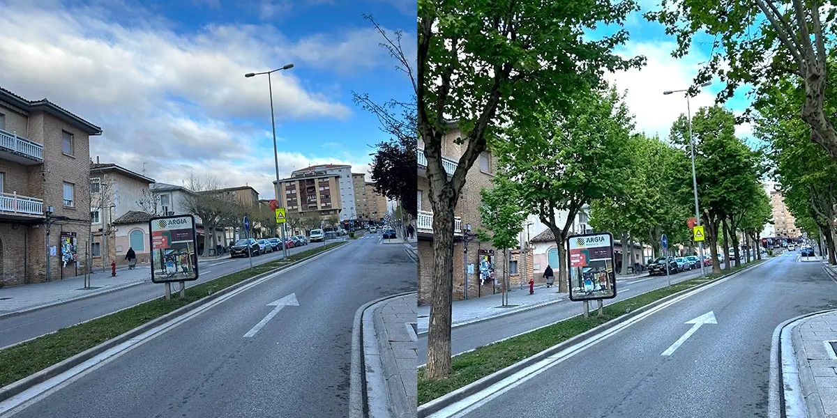 Im&aacute;genes del estado actual y de c&oacute;mo ser&iacute;a la Avenida del Barrio con &aacute;rboles y m&aacute;s vegetaci&oacute;n