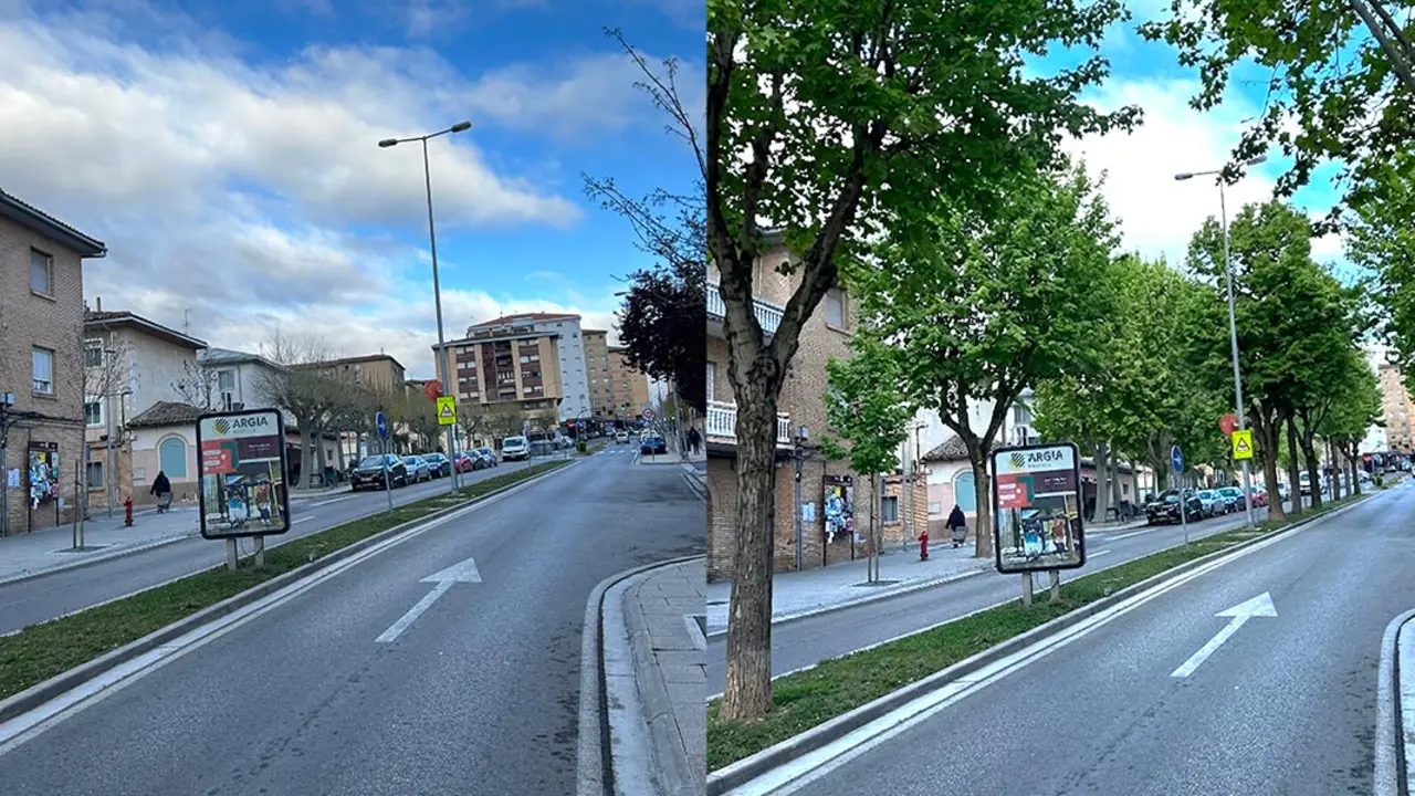 Im&aacute;genes del estado actual y de c&oacute;mo ser&iacute;a la Avenida del Barrio con &aacute;rboles y m&aacute;s vegetaci&oacute;n
