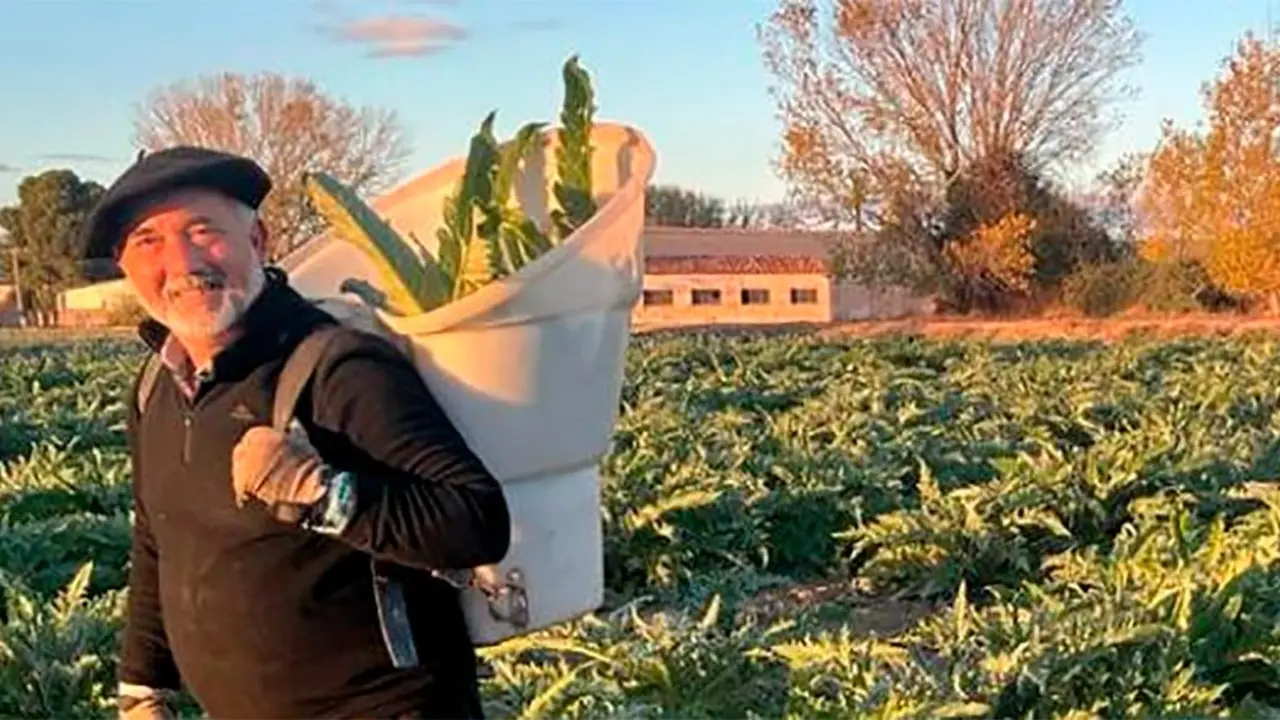 Jes&uacute;s &Aacute;lava Sesma, en su huerta de Tudela, donde cultiva principalmente esp&aacute;rrago, alcachofa y br&oacute;coli