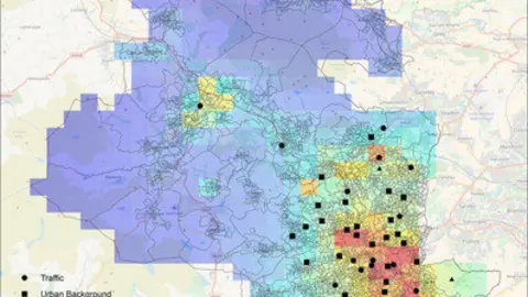 Mapa de la contaminaci&oacute;n de fondo en la ciudad de Bradford (Reino Unido). / Open Street Map | ISGlobal