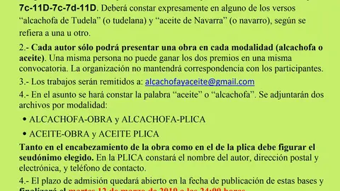 V Premio de poes&iacute;a en Tudela &lsquo;Alcachofa blanca de Tudela&rsquo; y &lsquo;Aceite virgen extra de Navarra&rsquo;