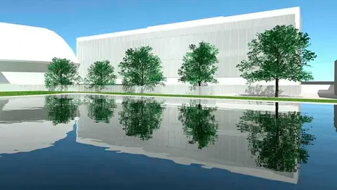 Rercreaci&oacute;n vista del Proyecto del Nuevo Edifico del Complejo Deportivo de Cintru&eacute;nigo junto al polideportivo actual