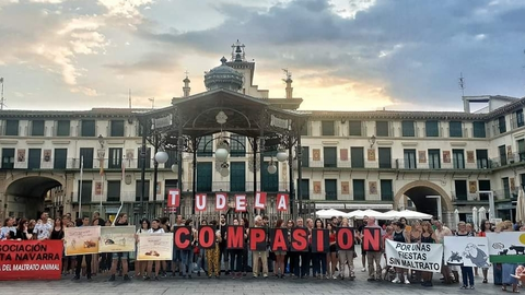 Una manifestaci&oacute;n del Colectivo Tudela Antitaurina en la plaza de los Fueros