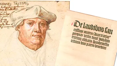 Retrato de Johannes Trithemius y portada de su obra en honor de Santa Ana (1494)