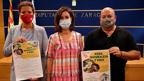 Laura Bernuz, t&eacute;cnico de Turismo de la Comarca de Cinco Villas, Teresa Ladrero, vicepresidenta de la DPZ, y Santos Navarro, presidente de la comarca cincovillesa