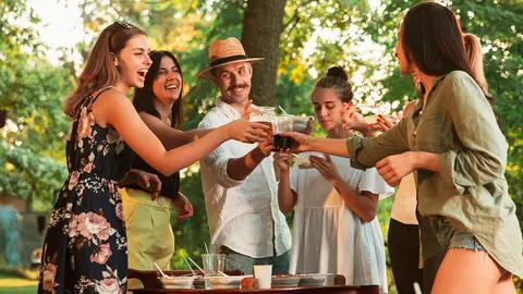 amigos amigas naturaleza brindando bosque picnic