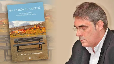 Satur Napal Lecumberri junto a la portada de su nuevo libro, Un caser&oacute;n en Castilfr&iacute;o. Aventuras de una familia catalana en Soria