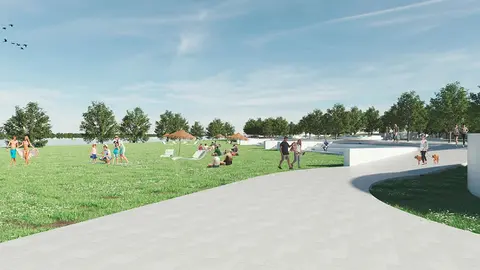 Recreaci&oacute;n de la 'Playa Verde' del proyecto del Corredor Verde de Tudela