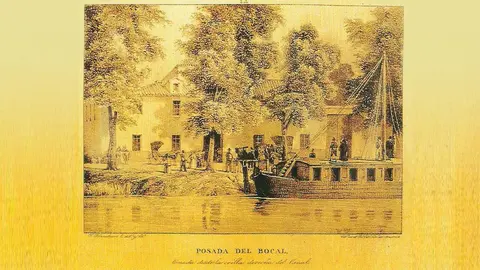 Grabado del siglo XIX con embarcadero y la Posada del Bocal
