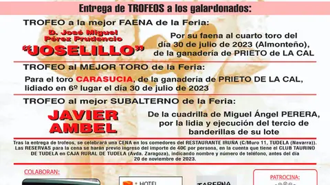 XIX Entrega de trofeos taurinos &lsquo;Ciudad de Tudela&rsquo; de las Fiestas de Santa Ana 2023