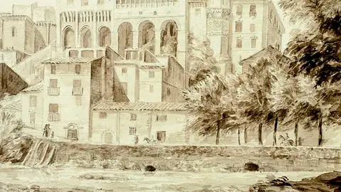 Dibujo de una vista del r&iacute;o Queiles del 18 de julio de 1864