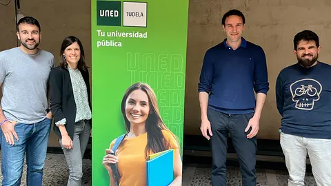 Aitor S&aacute;nchez (dietista nutricionista), Ana Campillo (gerente del &Aacute;rea de Salud de Tudela), Jos&eacute; Manuel Ortega (subdirector de la UNED de Tudela) y Abel del Rey (Recicleta Ribera)