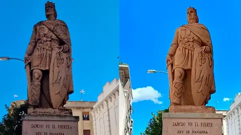 El antes y el despu&eacute;s de la restauraci&oacute;n de la escultura de Sancho VII El Fuerte